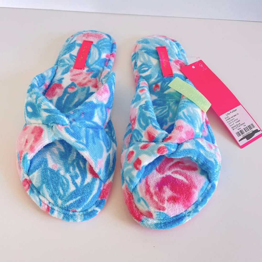 NWT Lilly Pulitzer Velour Terry Slippers in Bondi Blue My Little Peony Size 7/8